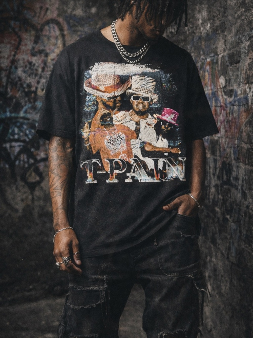 Unisex T-Pain Graphic Tee Black Streetwear Vintage Style Shirt Medium